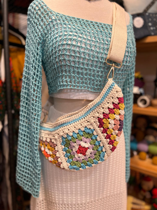 Hand Crochet Crossbody Adjustable Bag Turquoise