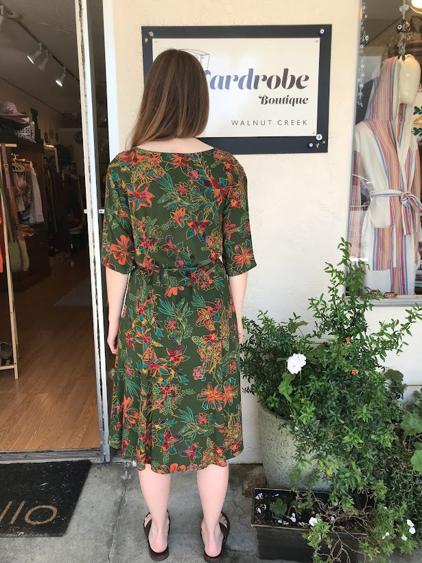 Wide-Neck Green Midi Dress