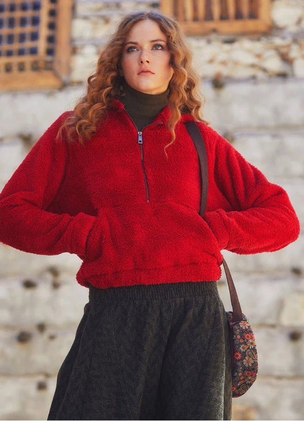Kangaroo Pockets Hooded Plush Maroon Pullover