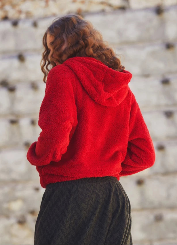 Kangaroo Pockets Hooded Plush Maroon Pullover
