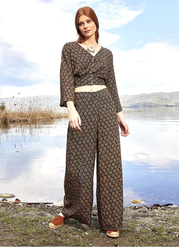 Palazzo High Rise Wide Leg Brown Patterned Trouser