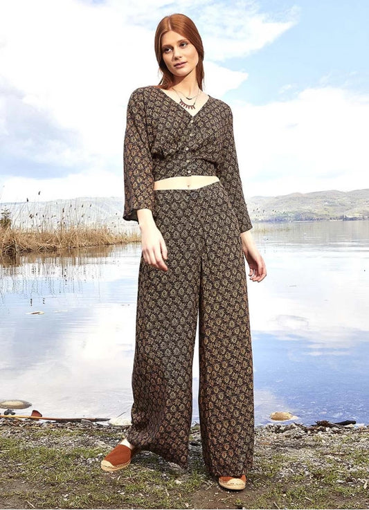 Palazzo High Rise Wide Leg Brown Patterned Trouser