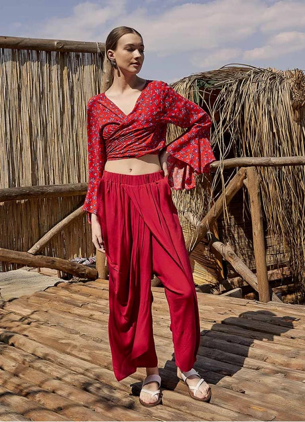 Wrap Front Loose Fit Boho Pants Olive Green