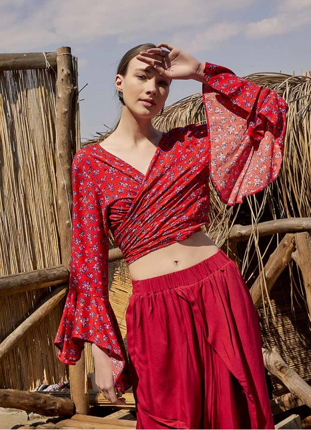 Oranj Flower Gypsy Style Bell Sleeve Crop Top