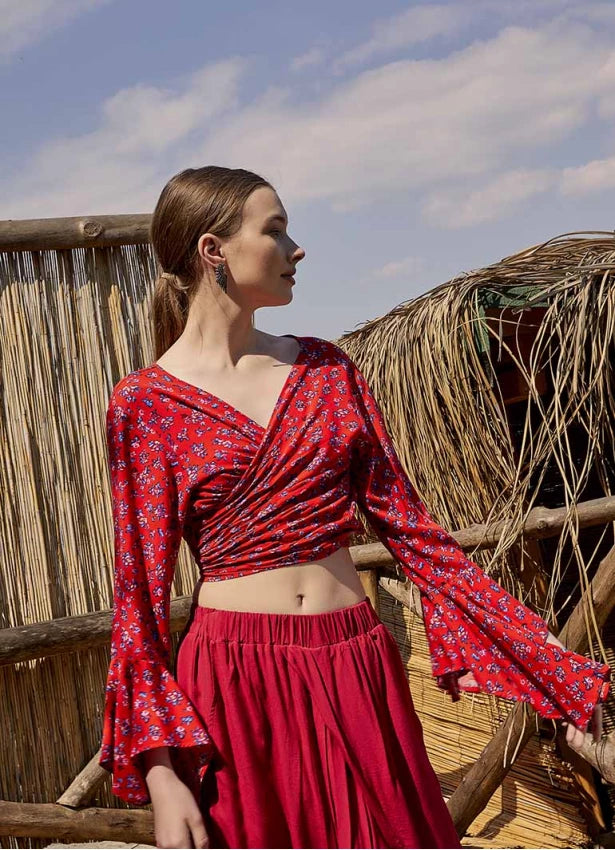 Oranj Flower Gypsy Style Bell Sleeve Crop Top