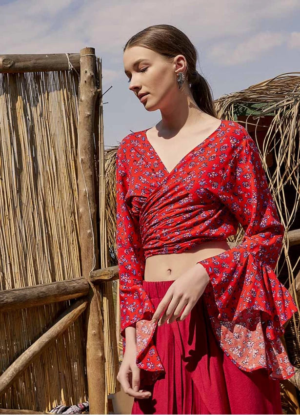 Oranj Flower Gypsy Style Bell Sleeve Crop Top