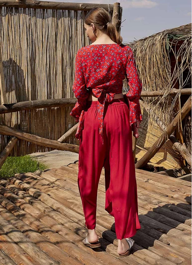 Wrap Front Loose Fit Boho Pants Red