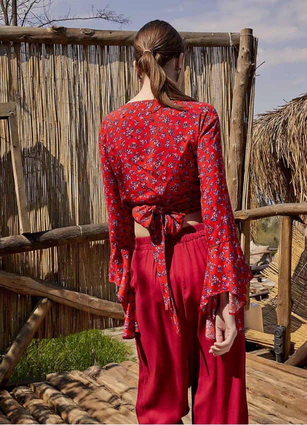 Oranj Flower Gypsy Style Bell Sleeve Crop Top