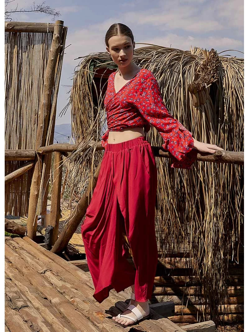 Wrap Front Loose Fit Boho Pants Red