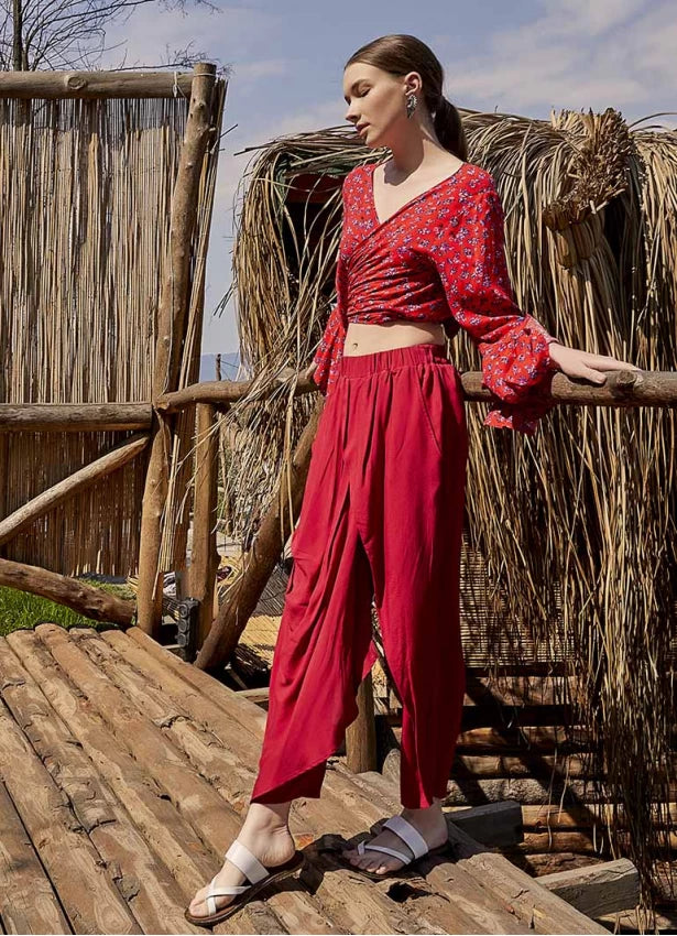Wrap Front Loose Fit Boho Pants Red