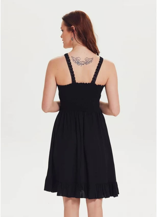 Laced V Neck Shirred Hem Dress