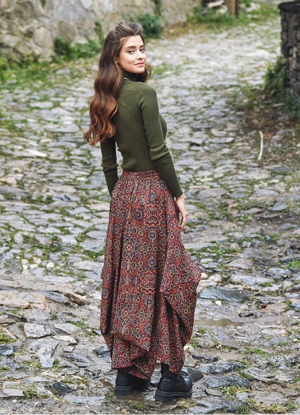 Retro Print Oversized Pocket Long Boho Skirt