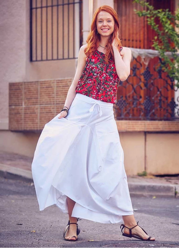 Oversized Pocket Detailed Tie Waist Boho Chic White Long Skirt