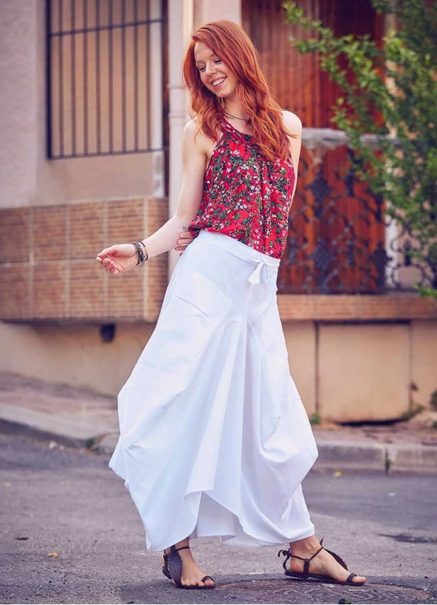 Oversized Pocket Detailed Tie Waist Boho Chic White Long Skirt
