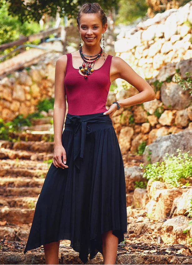 Tie Waist Asymmetrical Hem Detailed Boho Chic Flowy Midi Skirt
