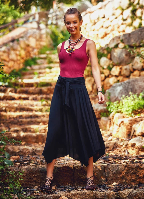 Tie Waist Asymmetrical Hem Detailed Boho Chic Flowy Midi Skirt
