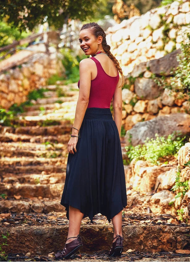 Tie Waist Asymmetrical Hem Detailed Boho Chic Flowy Midi Skirt