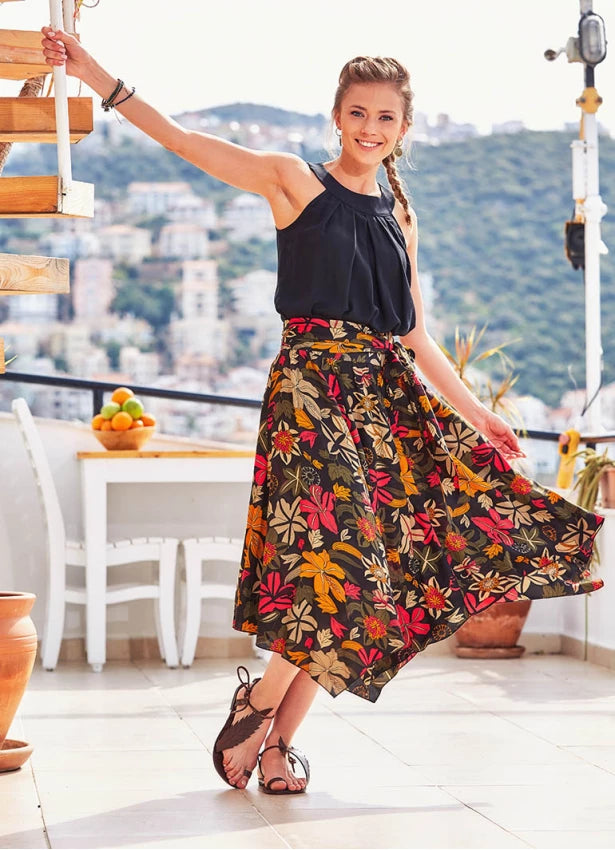 Black Printed Asymmetrical Hem Flowy Midi Skirt