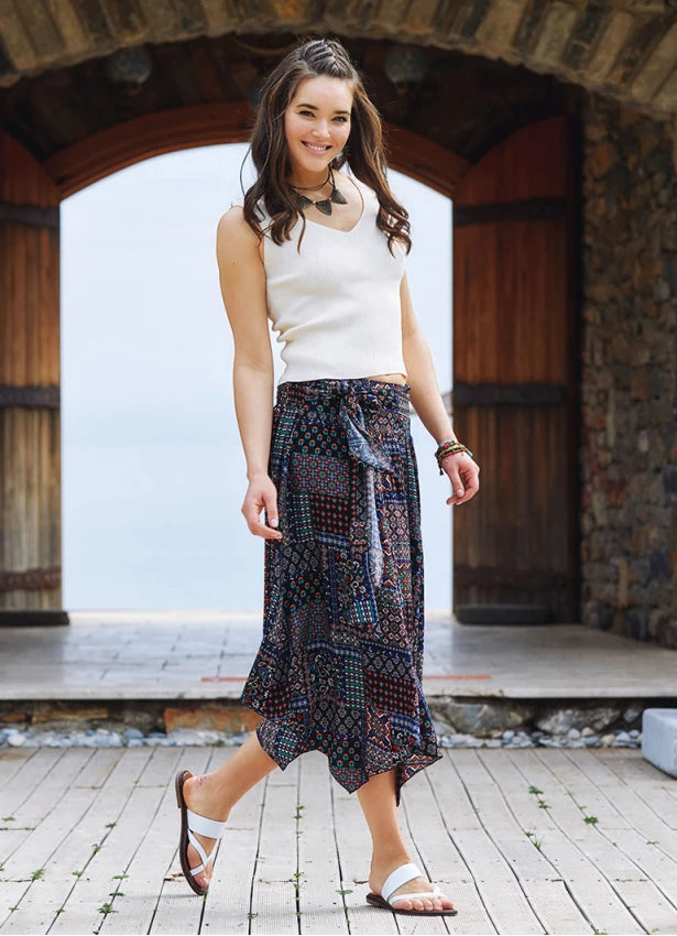 Black Printed Asymmetrical Hem Flowy Midi Skirt