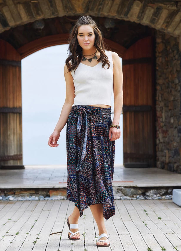 Black Printed Asymmetrical Hem Flowy Midi Skirt
