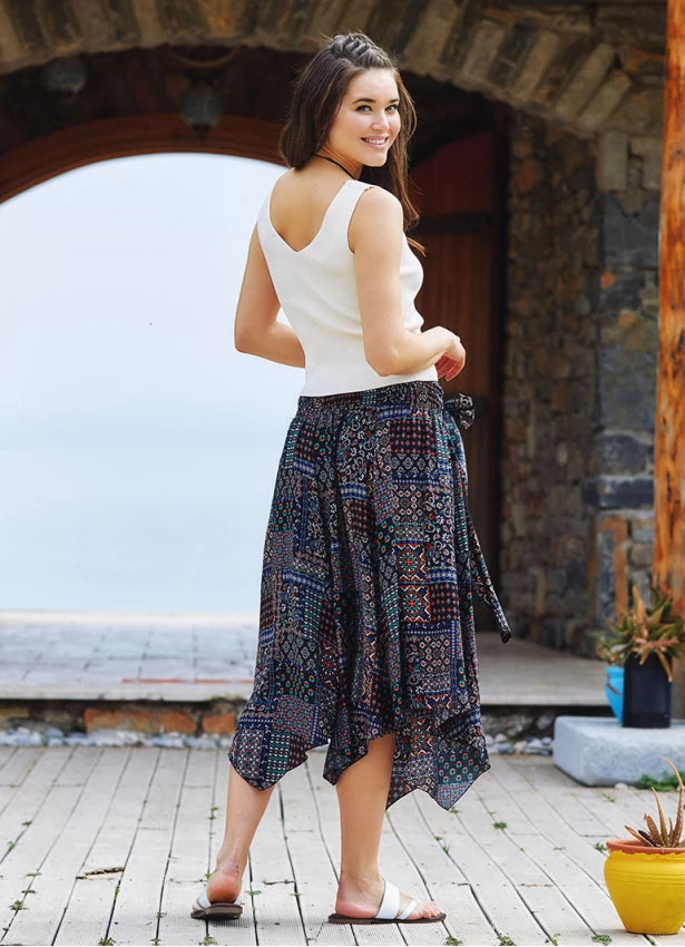 Black Printed Asymmetrical Hem Flowy Midi Skirt