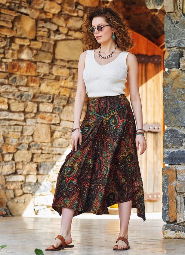 Printed Asymmetrical Hem Flared Midi Skirt