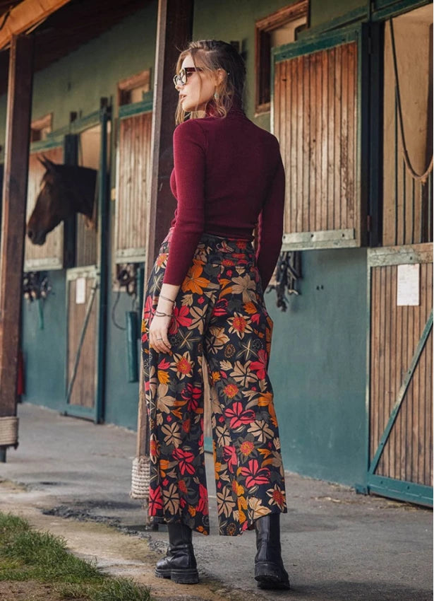 Tie Waist Black Floral Print Boho Wide Leg Pants