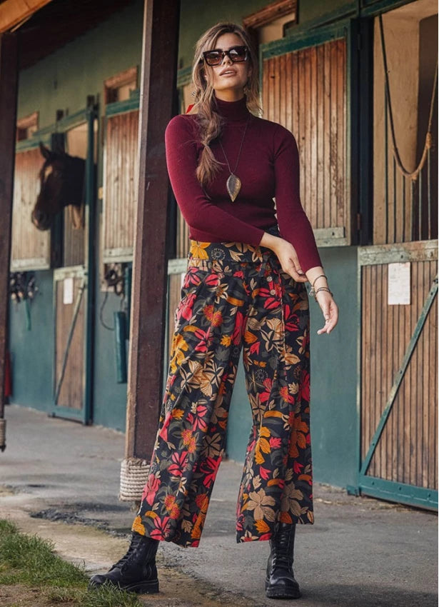 Tie Waist Black Floral Print Boho Wide Leg Pants