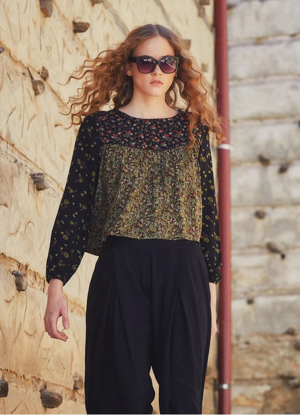Patchwork Long Sleeve Boho Top