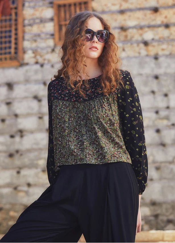 Patchwork Long Sleeve Boho Top