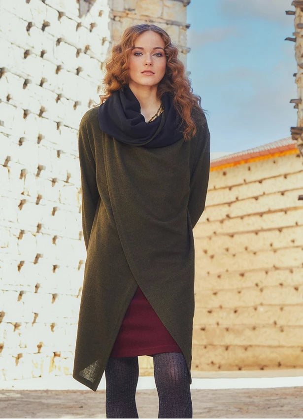 Thumb Hole Detail Bohemian Style Hooded Long Khaki Cardigan